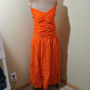Ruched Spaghetti-Strap Orange Maxi Dress